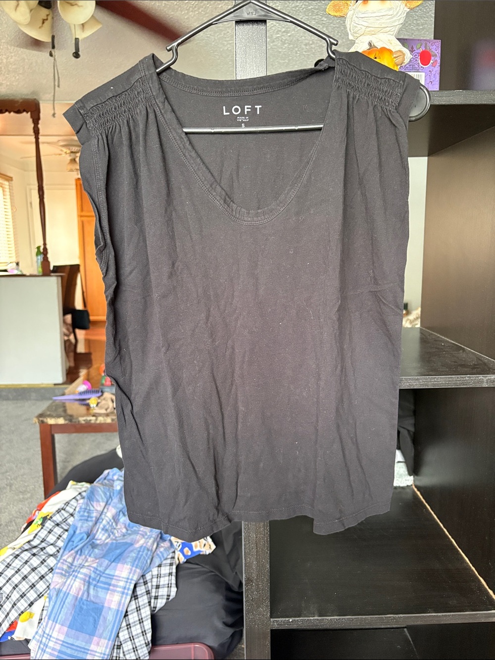 LOFT Black V-Neck Tank with Smocked Shoulders